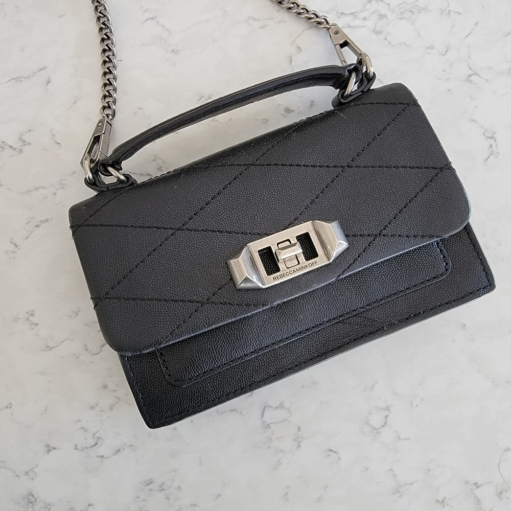 Rebecca Minkoff Quilted Leather Crossbody Bag Black Silver Chain Turn Lock